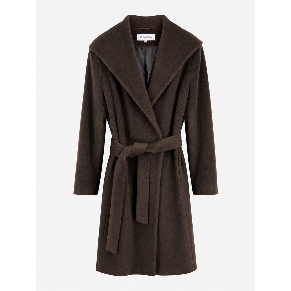 Calvin Klein Wrap Coat Women 10 Brown Angora Wool Blend Shawl Collar Belted